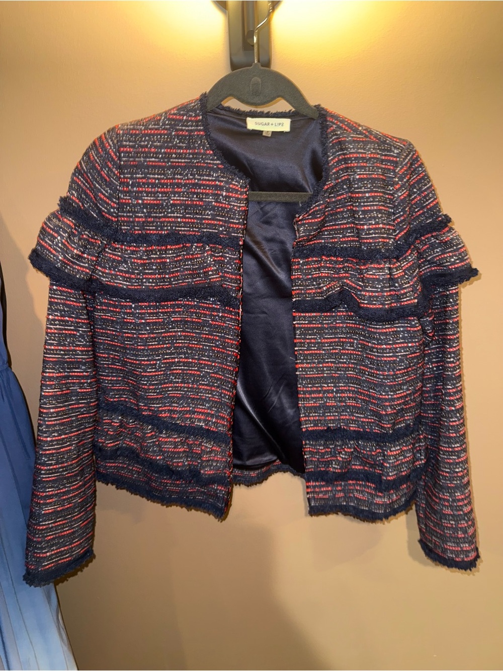 Sugarlips Navy Tweed Ruffle-Trim Blazer with Red and White Threading